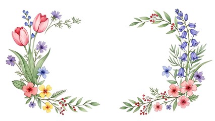 Watercolor floral wreath with tulips, bluebells, and pink flowers, spring nature design