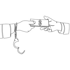 Continuous one single line drawing Hand in handcuff passing money to another hand symbolizing bribery and corruption icon vector illustration concept