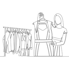 Continuous one single line drawing Woman presenting a dress on hanger with clothing rack in background icon vector illustration concept
