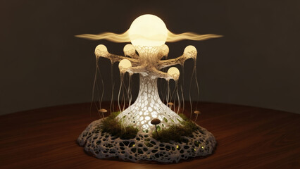 A unique lamp with a tree-like design and glowing orb on a wooden table