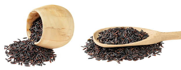 Black rice in wooden bowl and spoon isolated on white background with full depth of field