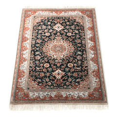 Elegant and traditional rectangular persian rug featuring intricate floral patterns in deep black and rich terracotta with decorative ivory fringe on transparent background