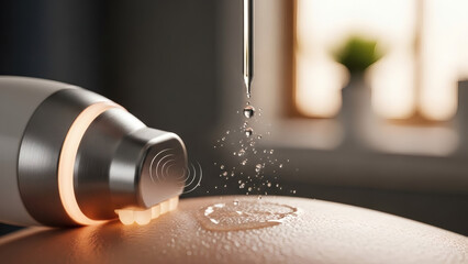 A close-up view of a high-tech medical device applying a clear gel to a patient's skin in a modern clinic