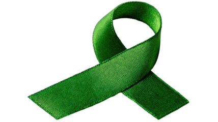 A 3D green awareness ribbon icon stands as an isolated object on a white background, serving as a symbolic sign and decorative tape illustration for cancer support and health design