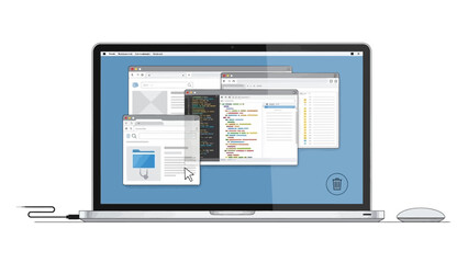 Laptop with multiple browser windows open on blue screen