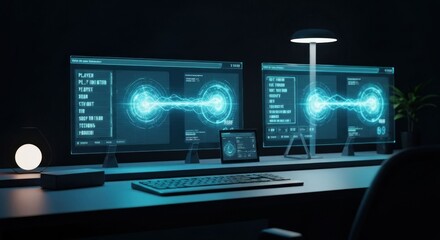 Desk setup screens, keyboard, light glow