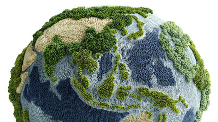 A 3d eco concept illustration of the green planet earth covered in grass, showing a global nature sphere isolated on a white background as a symbol for environmental ecology