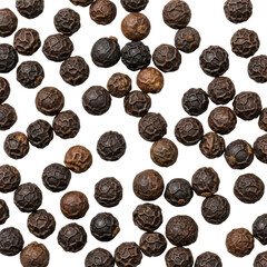 Obraz premium Extreme macro close-up of numerous dried black peppercorns, rough textured, scattered on a transparent seamless background, soft studio lighting, high-key aesthetic concept of culinary ingredient