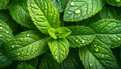 Fresh green mint leaves with water droplets
