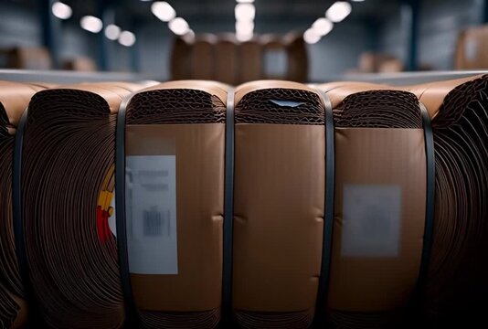 Cardboard recycling bales moving on conveyor in warehouse, strapped corrugated paper bundles for packaging and circular economy logistics, cinematic closeup 4K