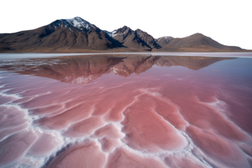 Pink salt flats with snow-capped mountains