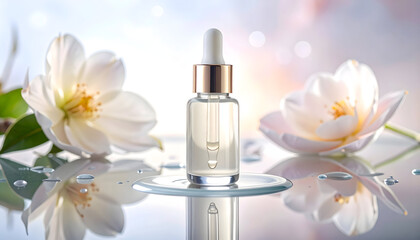 Nourishing serum bottle with flowers and droplets
