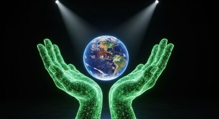 Earth held by hands glowing green