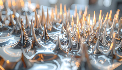 Closeup of metallic spikes on a reflective surface