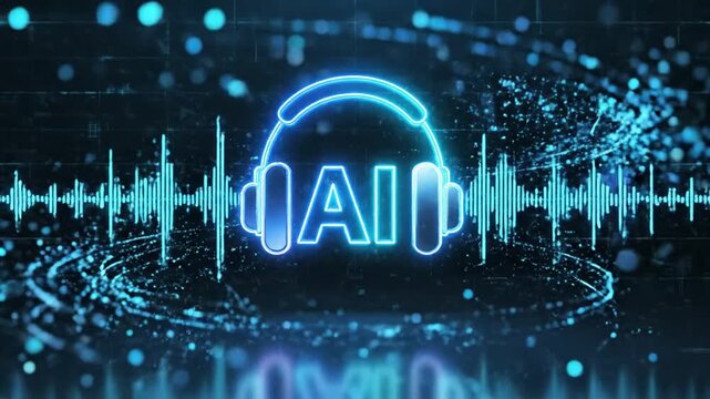 Glowing blue AI logo with futuristic neon effect and dynamic lines