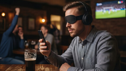 A man wearing a blindfold and headphones sits at a table in a pub while using his smartphone