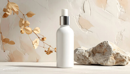 White bottle with silver cap and stone on textured background