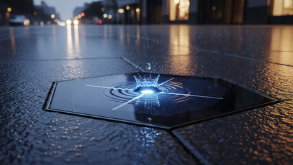 A futuristic glowing square on a wet city street at night with a water splash effect