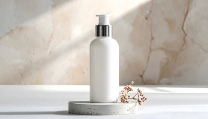 White cosmetic bottle on stone surface with minimalist background