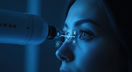 Eye exam. Blue tone. Future tech, laser