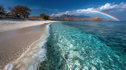 Tropical beach with a rainbow over mountains and clear turquoise water. Illustrate relaxation, travel, or the beauty of natural wonder.