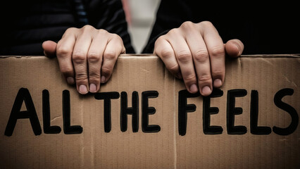 A person holding a cardboard sign with the phrase 'ALL THE FEELS' written on it.