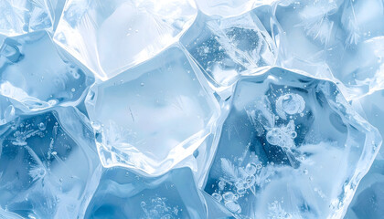 Closeup of clear ice cubes on blue background