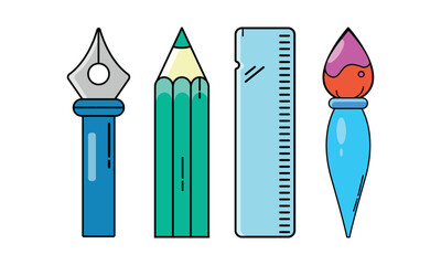 Flat Vector Illustration of Creative Art and Design Tools Including Pen Nib, Pencil, Ruler and Paint Brush, Isolated Modern Icons for Designers and Artists