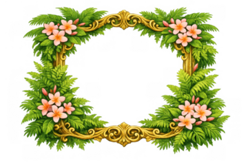 Ornate gold frame with tropical flowers and lush green fern leaves, creating a decorative botanical border design