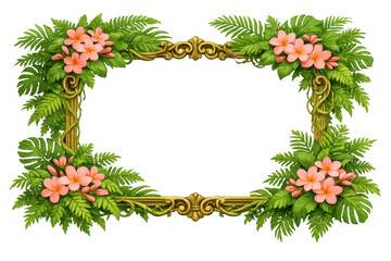 Ornate gold tropical frame with pink plumeria flowers, palm fronds, and green exotic leaves for design elements