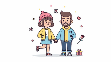 Couple walking hand in hand surrounded by hearts and flowers