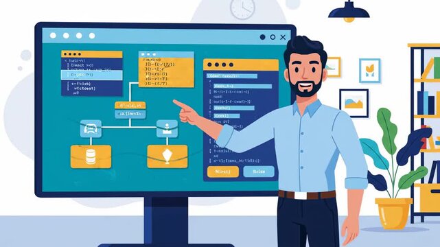 Bearded presenter pointing at large monitor displaying flowcharts and code snippets in bright office