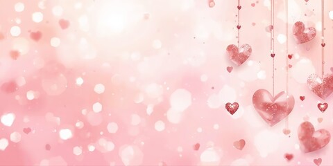 Delicate Valentine's Day 2026 design with hanging glitter and glossy hearts on chains, soft bokeh, pastel pink atmosphere. Romantic elegant background perfect for greeting cards, banners, invitations.