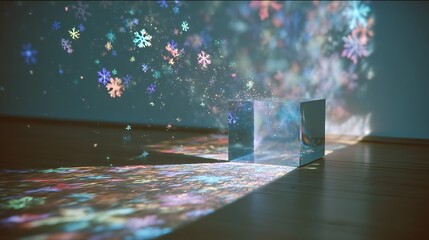 A square prism reflects colorful snowflake projections. The light plays on a wooden floor and white wall