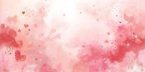 Artistic Valentine's Day 2026 watercolor background with pink clouds, textured hearts, gold glitter sparkles, stars. Dreamy romantic atmosphere with copy space perfect for greeting cards, invitations.