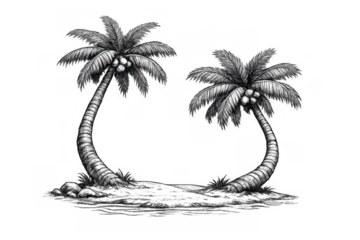 Two tropical coconut palm trees on a small sandy island, hand drawn in detailed monochrome sketch style with transparent background