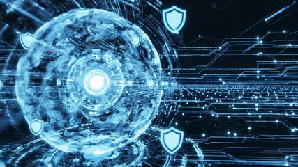 Glowing digital globe with shield icons and streaming data lines conveying cyber defense network AI! - Powered by Adobe