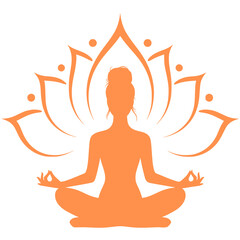 Serene woman meditating in lotus position with floral backdrop