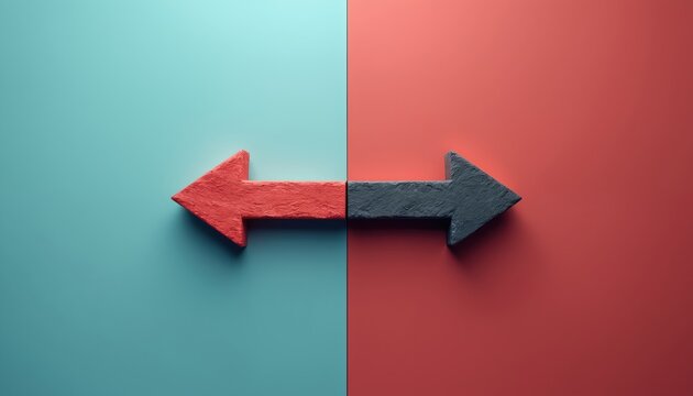 Two textured arrows, one red left, one gray right, point away from each other on split background. Symbolizing divergence choice conflict or opposition paths.