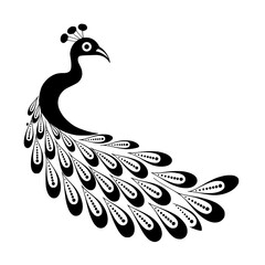 Elegant black peacock illustration with intricate feather details