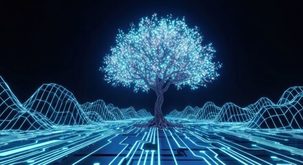 Glowing tree on circuit-grid hills