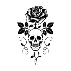 Vibrant skull with rose and leaves tattoo design element