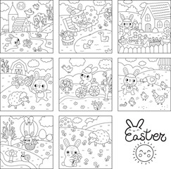 Vector Easter village square landscapes set. Rural black and white scenes collection or coloring page with bunny, garden, church, eggs, chicks. Spring holiday line backgrounds for kids