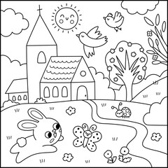 Vector Easter village square landscape, coloring page. Rural line scene with bunny on meadow jumping for butterfly. Spring holiday black and white background for kids with church, birds, sun