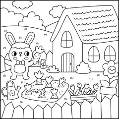 Vector Easter village square line landscape. Rural scene with bunny in the garden with carrot bed. Spring holiday black and white background, coloring page for kids with country house