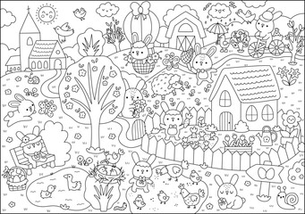 Vector Easter village black and white landscape. Rural nature detailed line scene with church, bunny, colored eggs, animals, house with garden, chicks. Spring holiday background for kids
