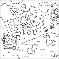 Vector Easter village square landscape. Rural line scene with bunny sitting on the bench near the pond with duck and goose. Spring holiday black and white background, coloring page for kids