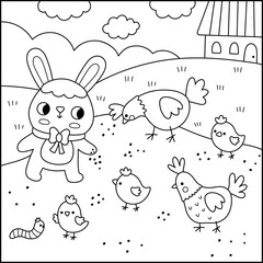 Vector Easter village square line landscape. Rural nature scene with bunny feeding chicks and hens. Spring holiday black and white background, coloring page for kids with country cottage