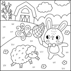 Vector Easter village square landscape. Rural line scene with bunny on meadow catching butterfly with the net. Spring holiday black and white background, coloring page for kids with sheep, tree