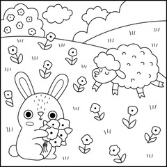Vector Easter village square line landscape. Rural scene with bunny on meadow gathering flowers. Spring holiday black and white background, coloring page for kids with sheep, blooming tree